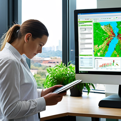 Home 6 **Prompt:** A busy environmental management expert in a modern office, reviewing data on a large monitor displaying GIS software with a map of a manufacturing plant's waste streams. They are holding a tablet with a sustainability report, looking thoughtful and focused. The office has green plants and large windows overlooking a city skyline. The scene conveys a sense of responsibility and data-driven decision making.