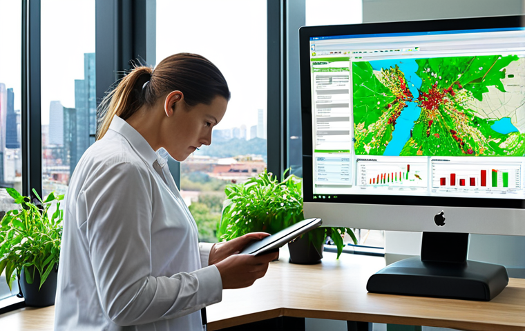 **Prompt:** A busy environmental management expert in a modern office, reviewing data on a large monitor displaying GIS software with a map of a manufacturing plant's waste streams. They are holding a tablet with a sustainability report, looking thoughtful and focused. The office has green plants and large windows overlooking a city skyline. The scene conveys a sense of responsibility and data-driven decision making.