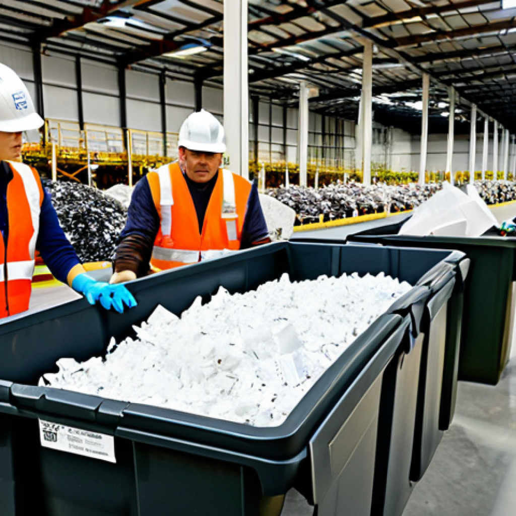 Waste Reduction & Recycling Program**

"A brightly lit warehouse interior showcasing a modern waste sorting system, featuring employees in safety vests and hard hats sorting materials into clearly labeled bins (plastics, paper, metals). Emphasis on cleanliness and organization. Bins overflow slightly with recyclable materials. Signage promotes recycling and environmental awareness. Safe for work, appropriate content, fully clothed, professional environment, perfect anatomy, natural proportions, family-friendly, high quality, detailed textures, realistic."

**