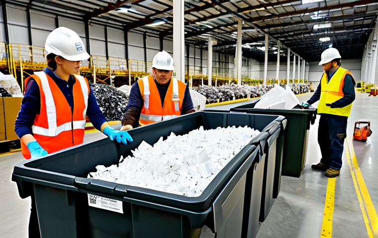 Waste Reduction & Recycling Program**

"A brightly lit warehouse interior showcasing a modern waste sorting system, featuring employees in safety vests and hard hats sorting materials into clearly labeled bins (plastics, paper, metals). Emphasis on cleanliness and organization. Bins overflow slightly with recyclable materials. Signage promotes recycling and environmental awareness. Safe for work, appropriate content, fully clothed, professional environment, perfect anatomy, natural proportions, family-friendly, high quality, detailed textures, realistic."

**