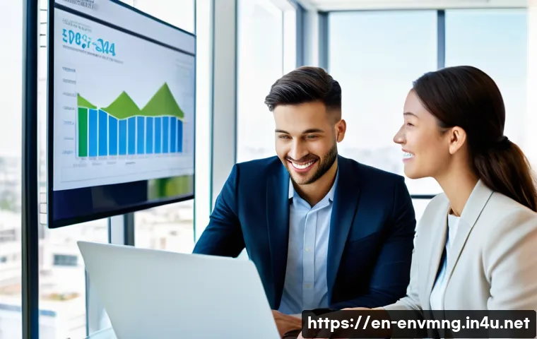 환경경영 전공자의 취업 전략 - **Prompt:** A diverse group of four young professionals (two men, two women) in their late 20s to ea...