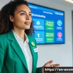 환경경영 자격증의 가치와 중요성 - A professional woman in business casual attire, wearing an environmental management certification ba...