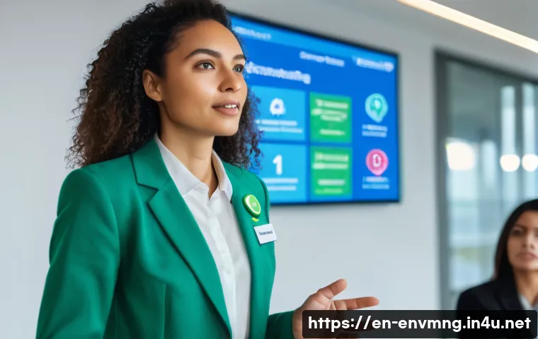 환경경영 자격증의 가치와 중요성 - A professional woman in business casual attire, wearing an environmental management certification ba...