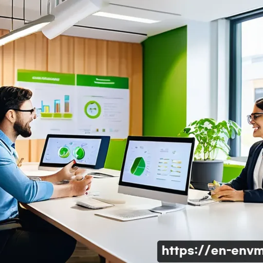 환경경영 업무 경험과 노하우 - A modern office environment showcasing a diverse group of professional employees engaged in a sustai...