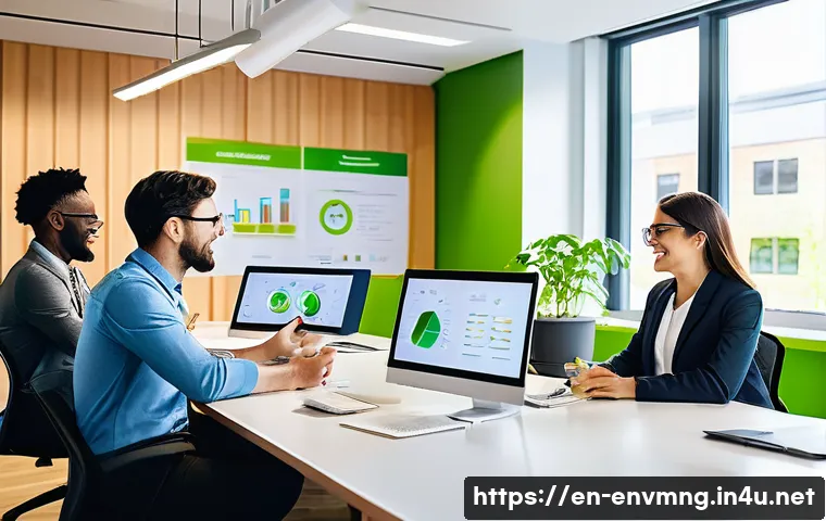 환경경영 업무 경험과 노하우 - A modern office environment showcasing a diverse group of professional employees engaged in a sustai...