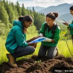 환경경영 분야 경력 쌓는 법 - A diverse group of young environmental professionals engaged in a hands-on outdoor habitat restorati...