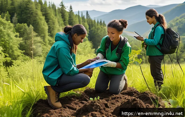 환경경영 분야 경력 쌓는 법 - A diverse group of young environmental professionals engaged in a hands-on outdoor habitat restorati...