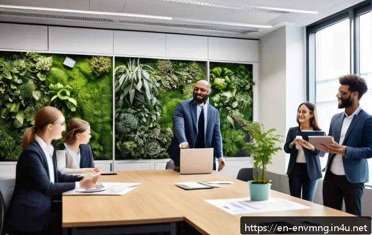 환경경영 관련 교육 및 훈련 - A modern corporate office environment showing a diverse group of employees actively participating in...