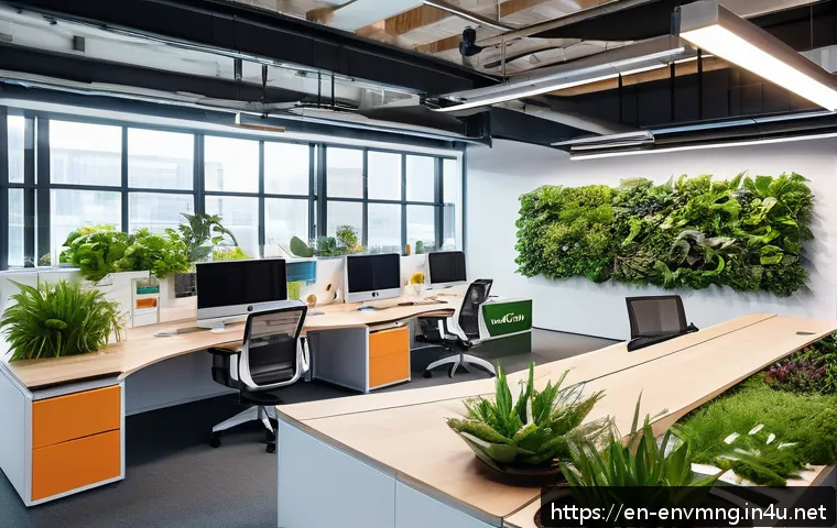 환경경영 지속가능한 경영 전략 - A vibrant and detailed office scene showcasing a diverse team of professionals collaborating enthusi...