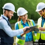환경경영 분야 취업 준비 - A diverse group of environmental professionals collaborating outdoors around a large digital tablet ...