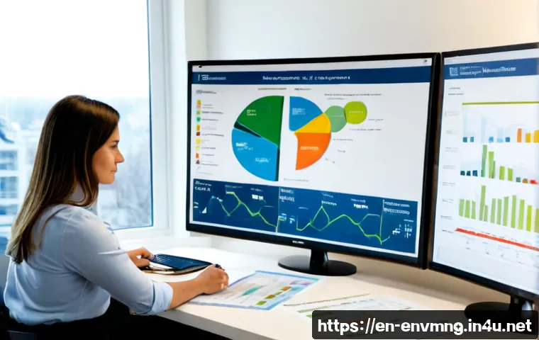 환경경영 전문가 업무 분석 - Photorealistic environmental management consultant in a modern North American office, reviewing sust...